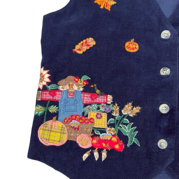 Victoria Jones Petites Fall Harvest Embroidered Corduroy Vest Pumpkins Scarecrow - Picture 7 of 8